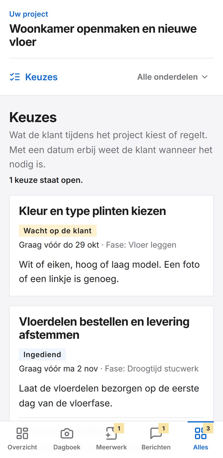 Keuzes voor de klant met een datum